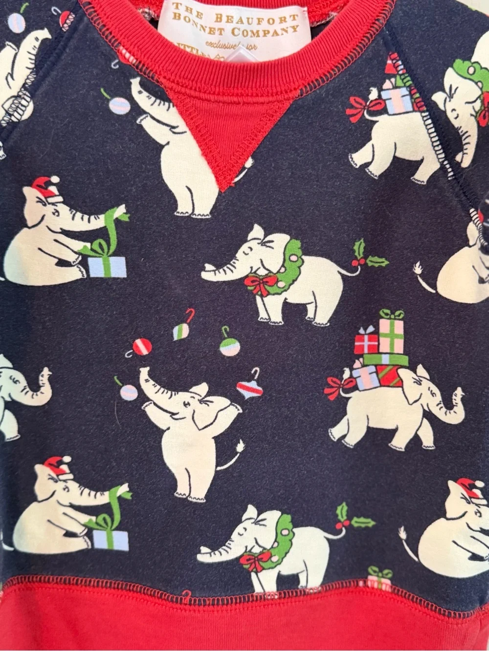 The Beaufort Bonnet Company Navy Elephant Holiday Crewneck